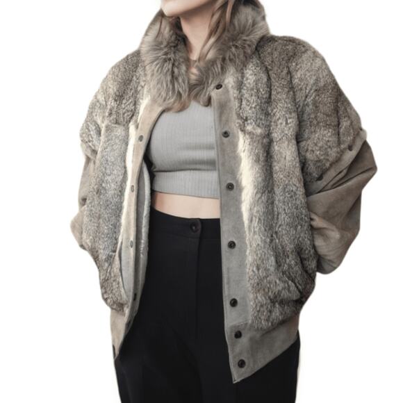 Vintage 80s Fur Suede Coat Vest Convertible Gray Rabbit Outerwear Jacket France - Picture 1 of 11